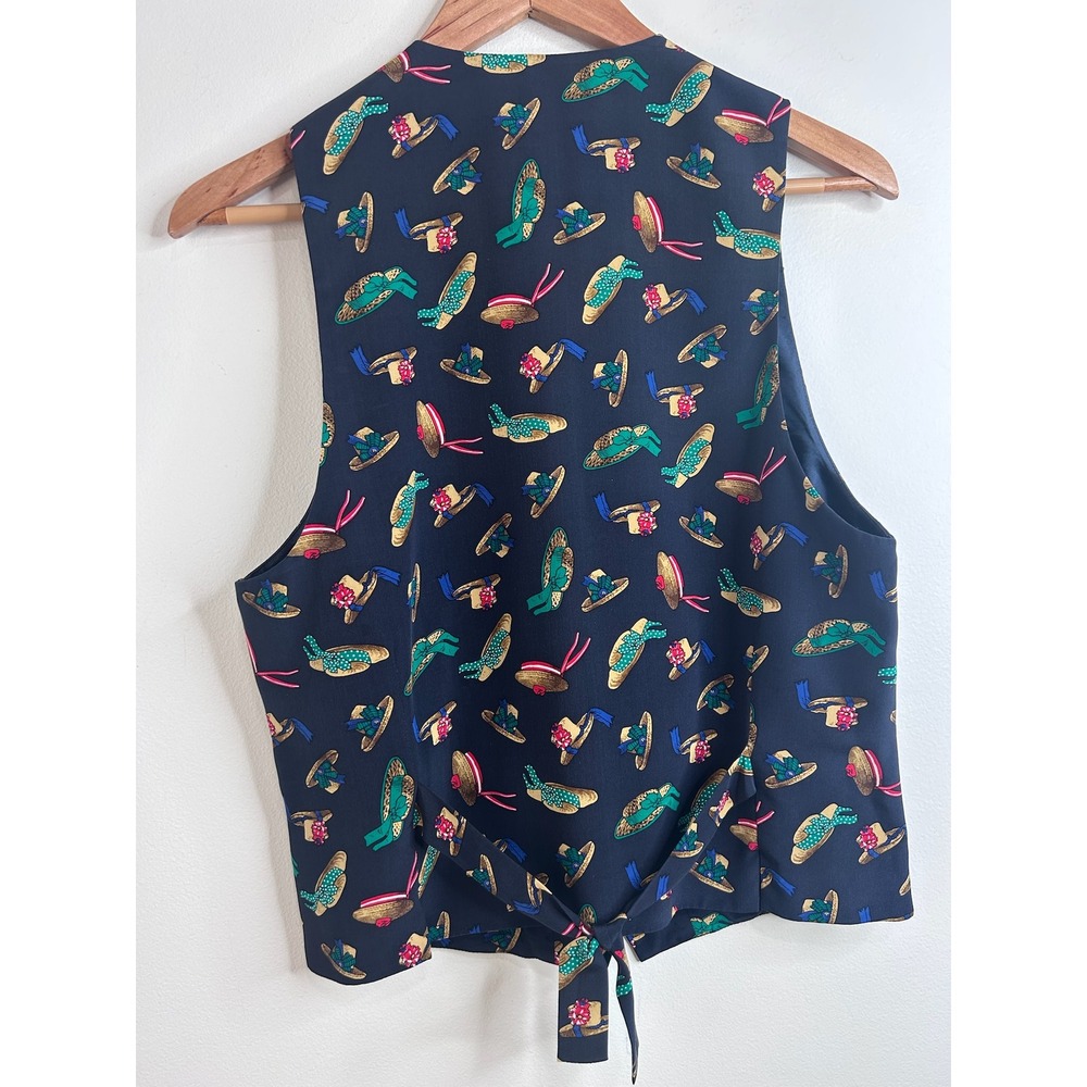 Graham & Gunn Vintage Silk Vest Navy Blue Novelty Hat Print Waistcoat Sz Small - Picture 3 of 7